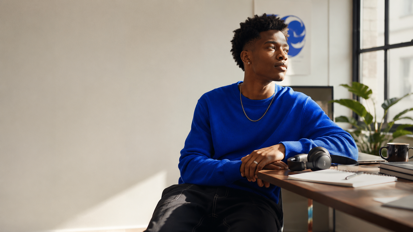 Reflective individual in a bright workspace